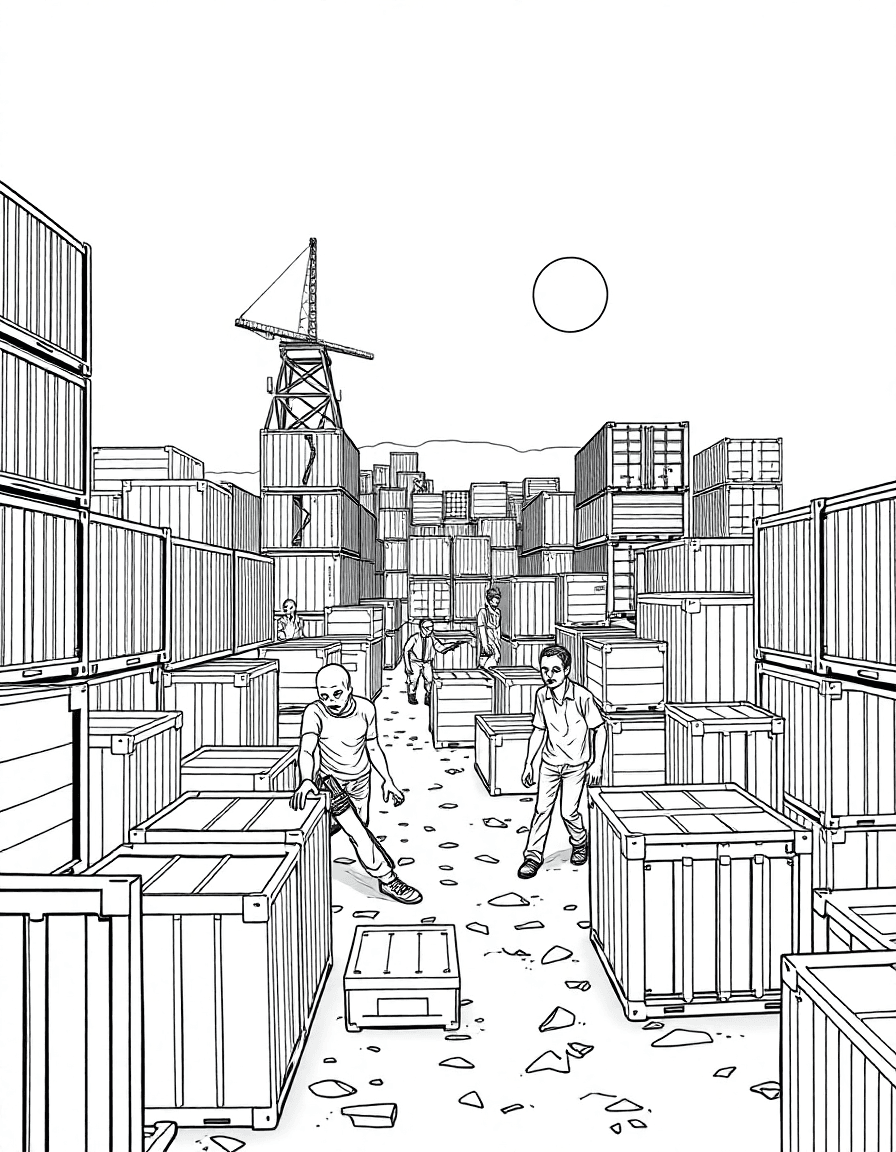 A harbor container yard where zombies weave through a maze of crates with a faint siren in the distance.