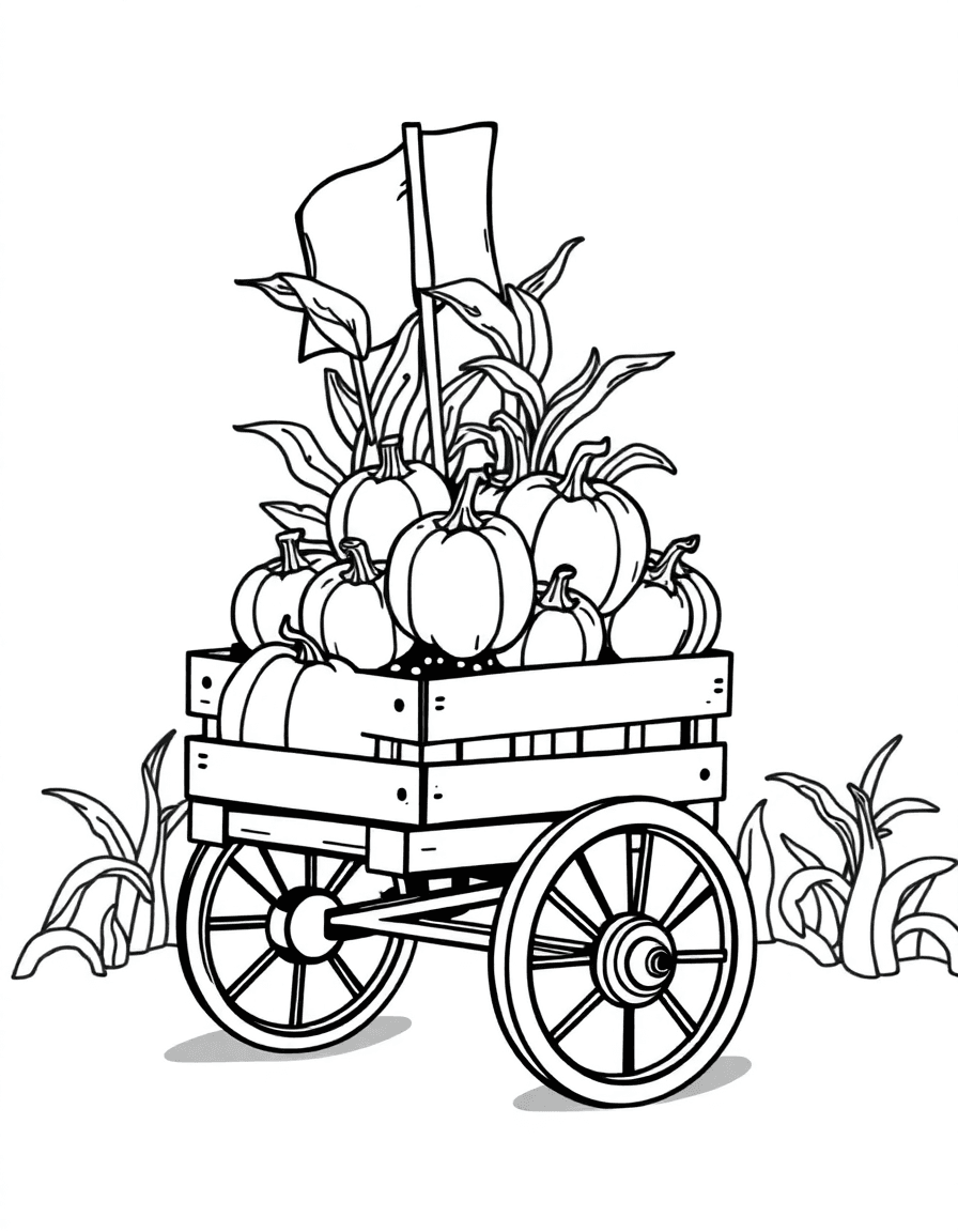 At the exit of a corn maze, a handcart heaped with pumpkins with a victory flag planted on top.