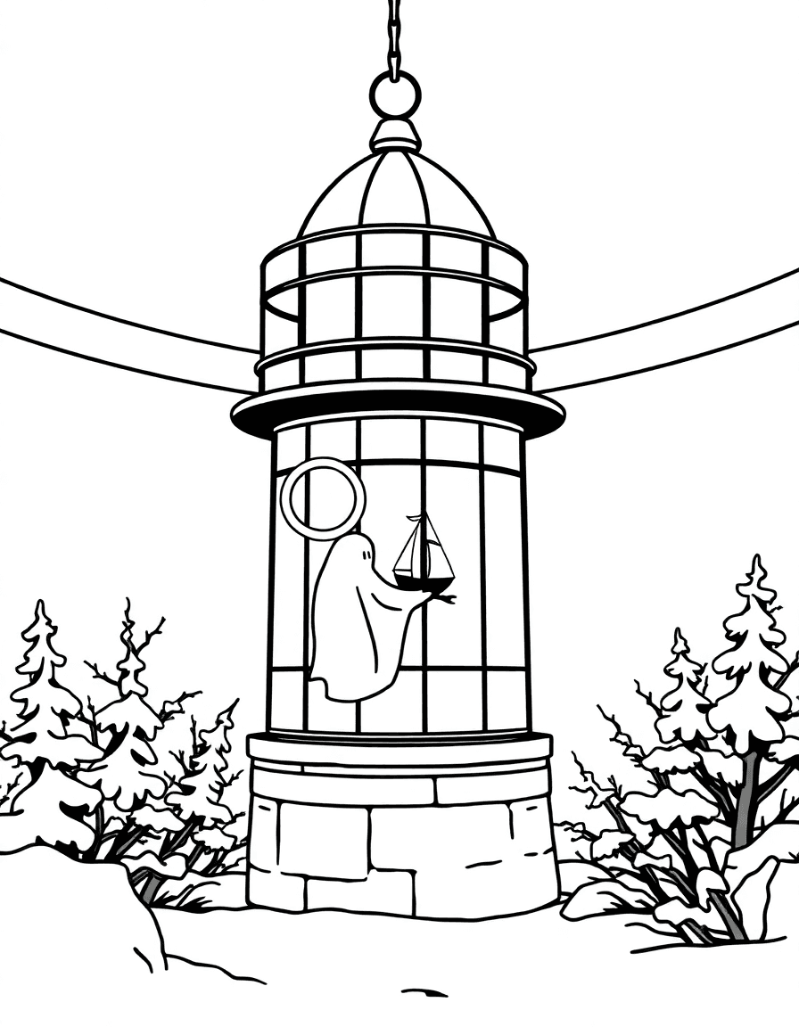 A snowy lighthouse lantern room where a ghost circles the light guiding a distant boat.
