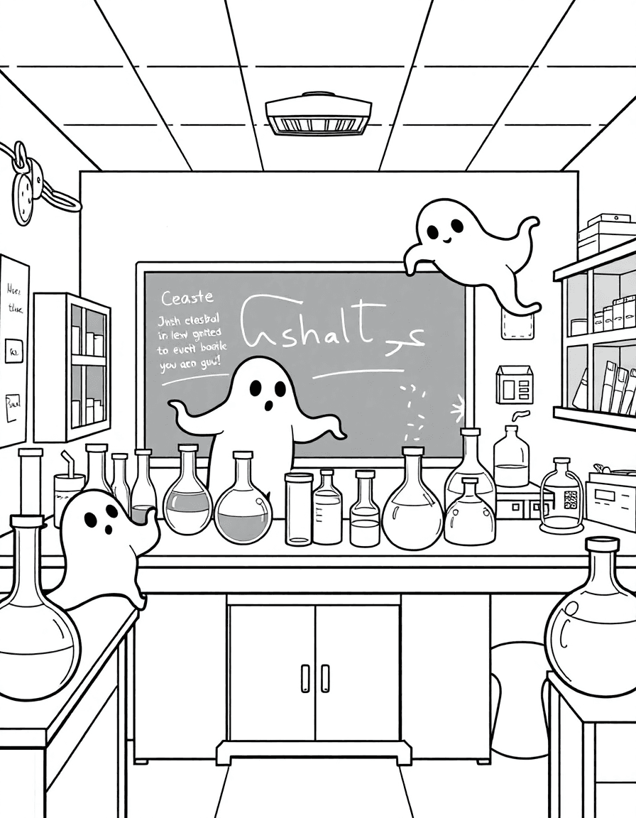 A school science lab where ghosts weave among test tubes and flasks as chalk notes linger on the board.