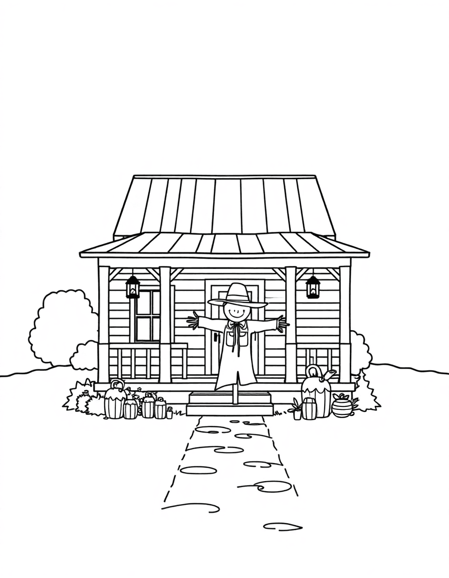 A farmhouse porch facing a scarecrow in the yard while lanterns flicker along the path.