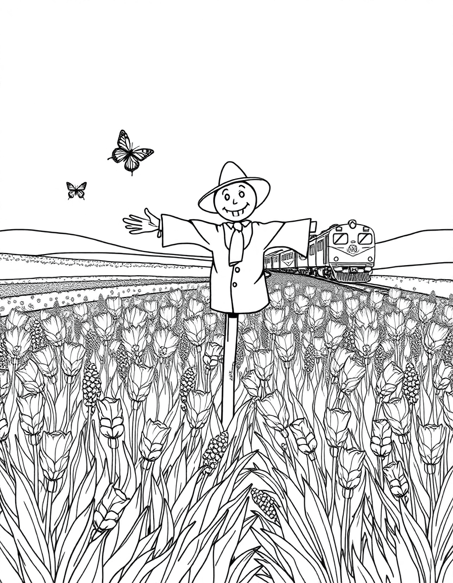 A scarecrow in a lavender field attracting butterflies as a train passes in the distance.