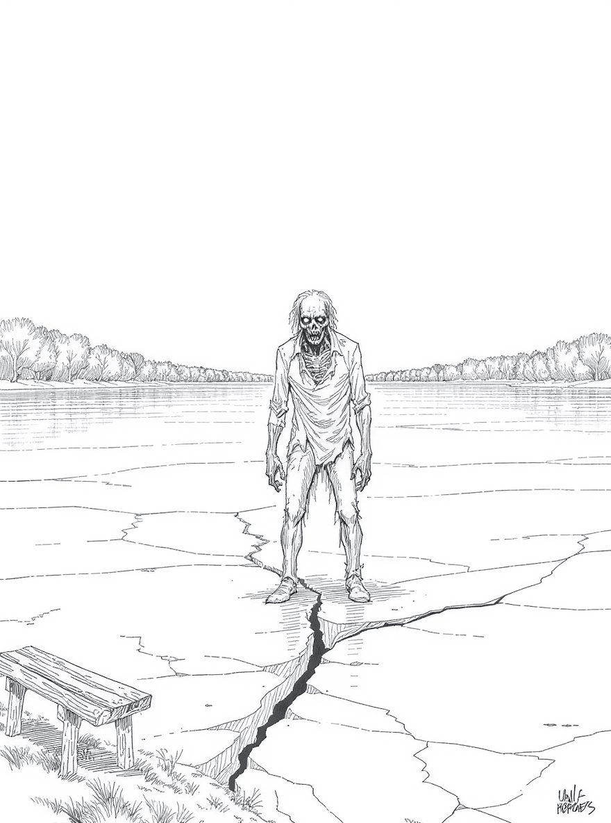 A frozen lake where a zombie lingers at the edge of cracks and an empty bench sits on the shore.