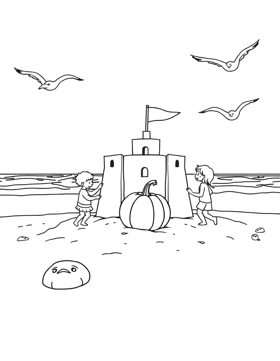 A beach where kids crown a sandcastle with a pumpkin as gulls circle.
