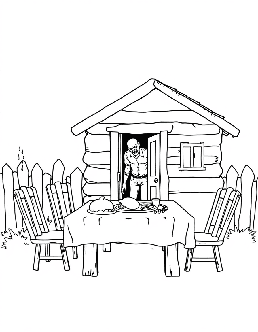 A country cabin with an untouched meal on the table while a zombie peers in through the back door amid a downpour.