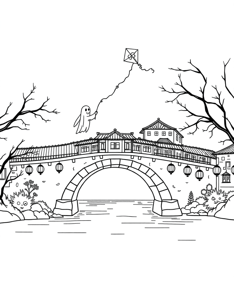 An old town arch bridge where a ghost flies a kite above the river and lanterns reflect in the water.