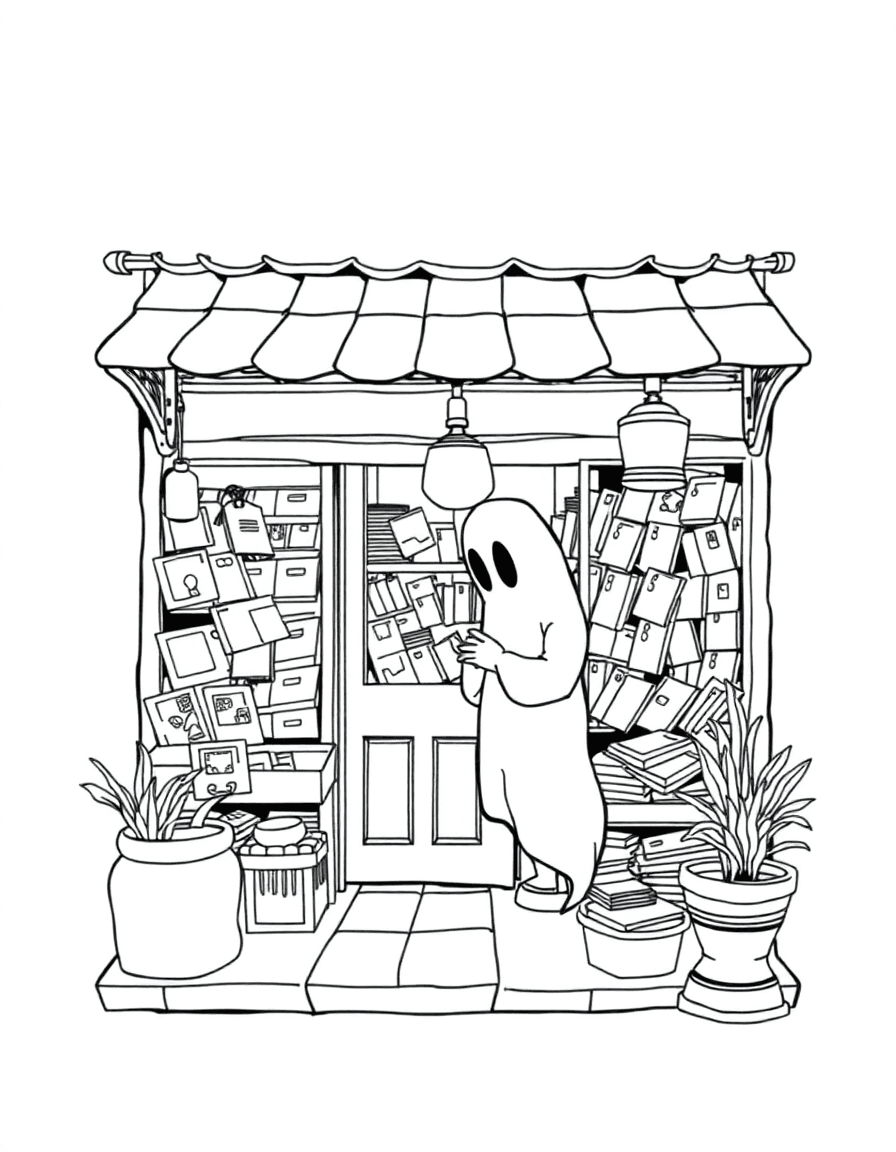 An old stamp shop where a ghost sorts yellowed postcards as the door chime tinkles.