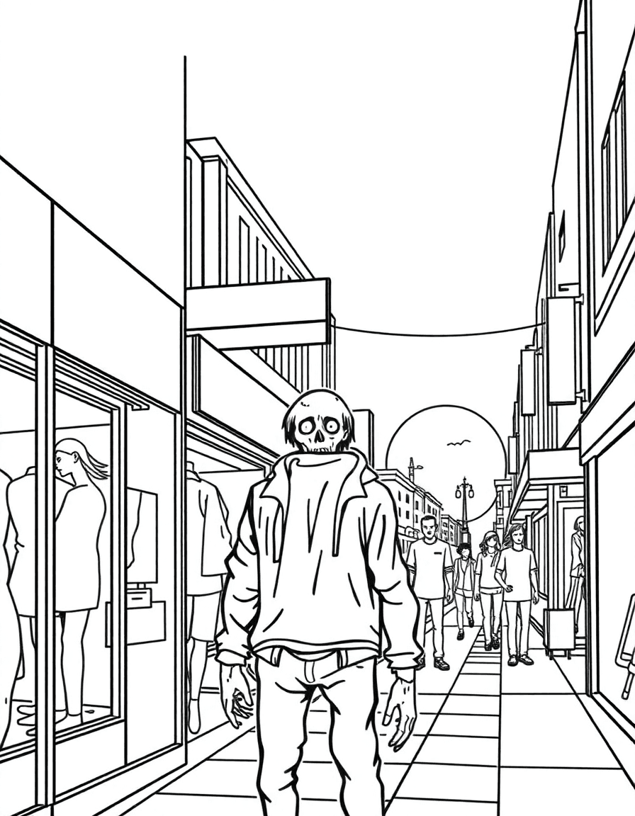A city shopping street at sunset where a zombie gazes at mannequins in a window as neon wakes up.