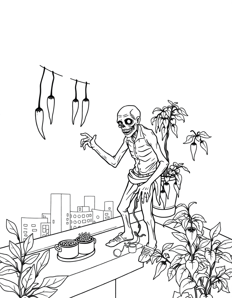 A rooftop kitchen garden where a zombie reaches for hanging dried chilies and city lights spread below.