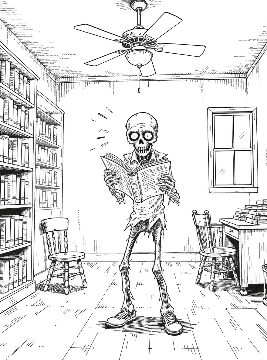 A library reading room where a zombie’s open book rustles in a draft and a ceiling fan turns slowly.