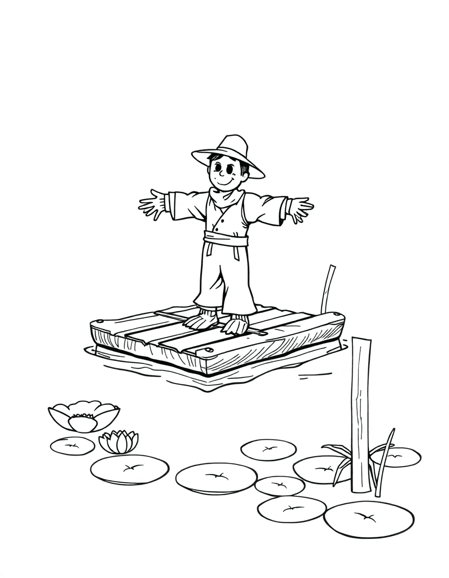 A scarecrow on a floating raft in an irrigation pond with lily pads and a wooden pole.