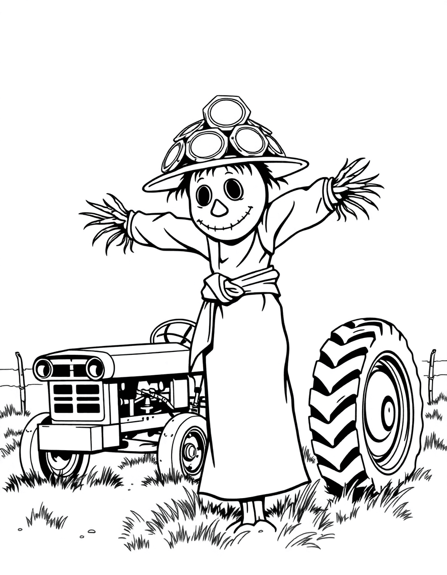 A scarecrow crowned with tin pot lids rattling in the wind beside a rusty tractor.