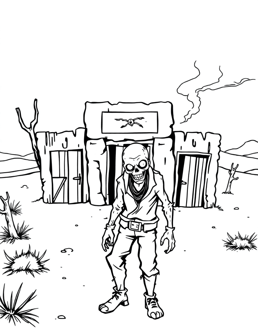 A desert ghost town where a zombie passes tumbleweeds and broken doors with a dust storm on the horizon.