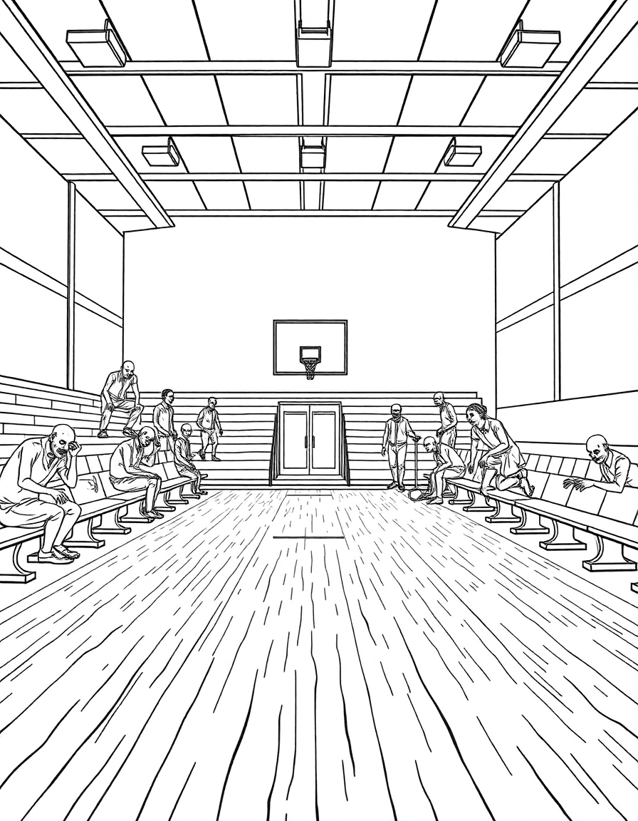 A school gymnasium where zombies descend the bleachers row by row and the wood floor gleams.