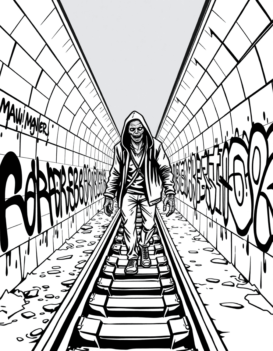 A subway maintenance tunnel where a zombie walks along the rails as damp graffiti darkens the walls.