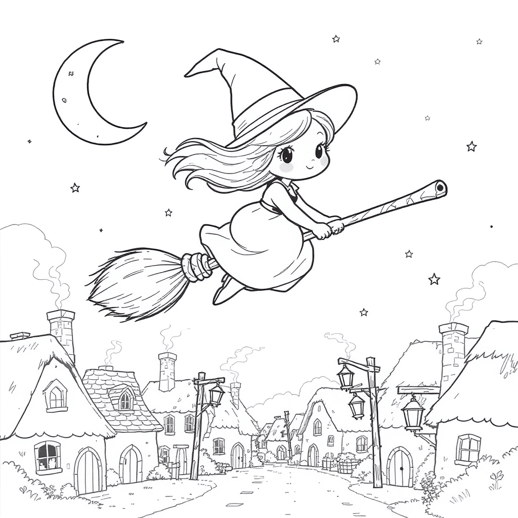 Cute witch flying on a broom over a small town with crescent moon and stars, dangling lanterns