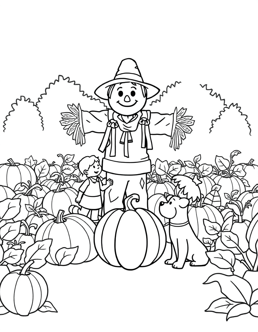 A pumpkin patch where children hang ribbons on a friendly-faced scarecrow as a dog watches.