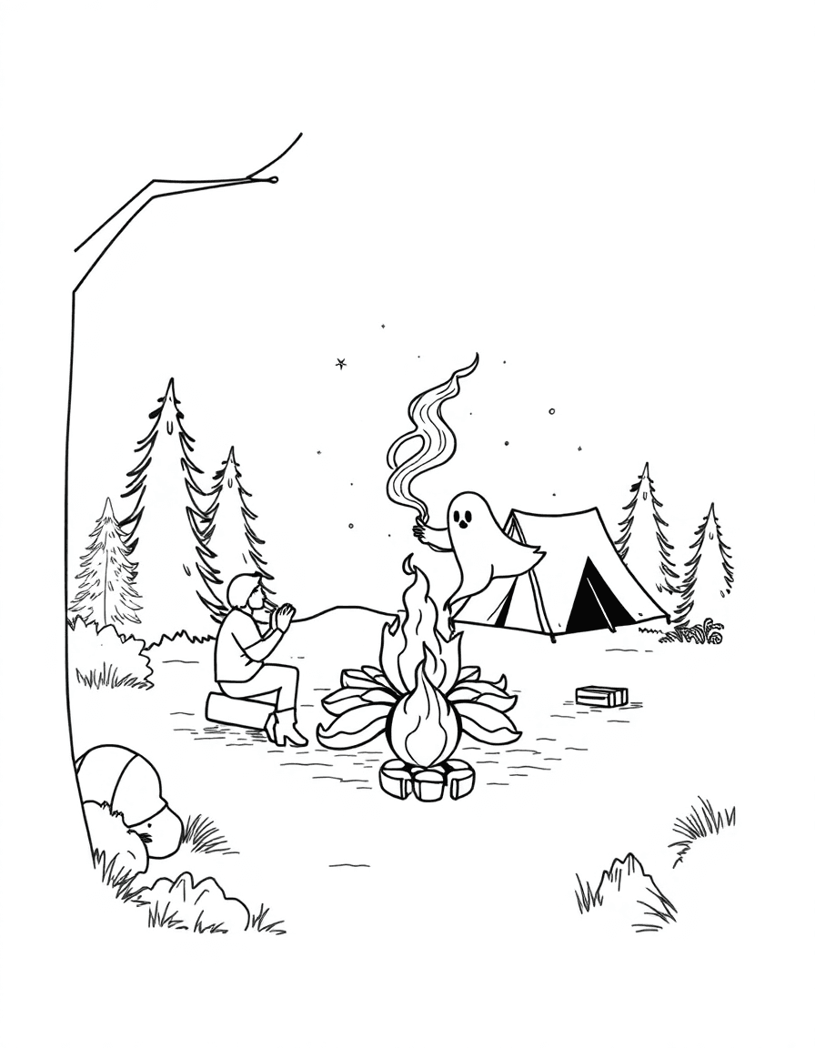 A campsite at night where a ghost curls campfire smoke into rings while friends clap around the fire.