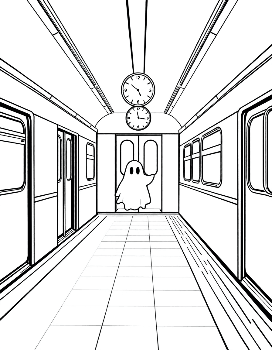 The last subway train as doors begin to close and a ghost peeks from the car while the platform clock points to midnight.