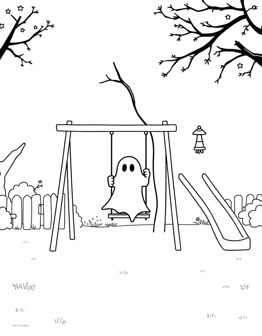 An elementary playground where a ghost pushes an empty swing and a chime hangs from the slide.