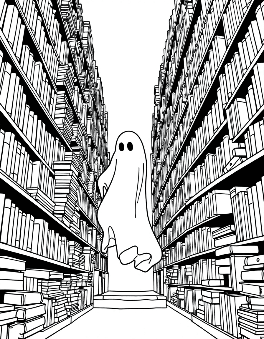 Between tall library stacks where a gust flips many books to the same page as a ghost passes.
