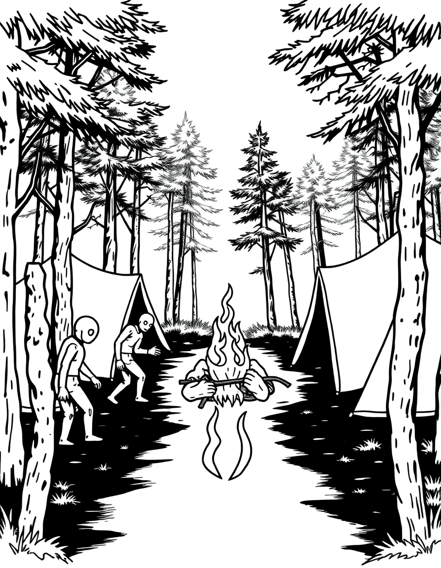 A forest campsite where zombies shuffle around a dead fire while empty tents flap.