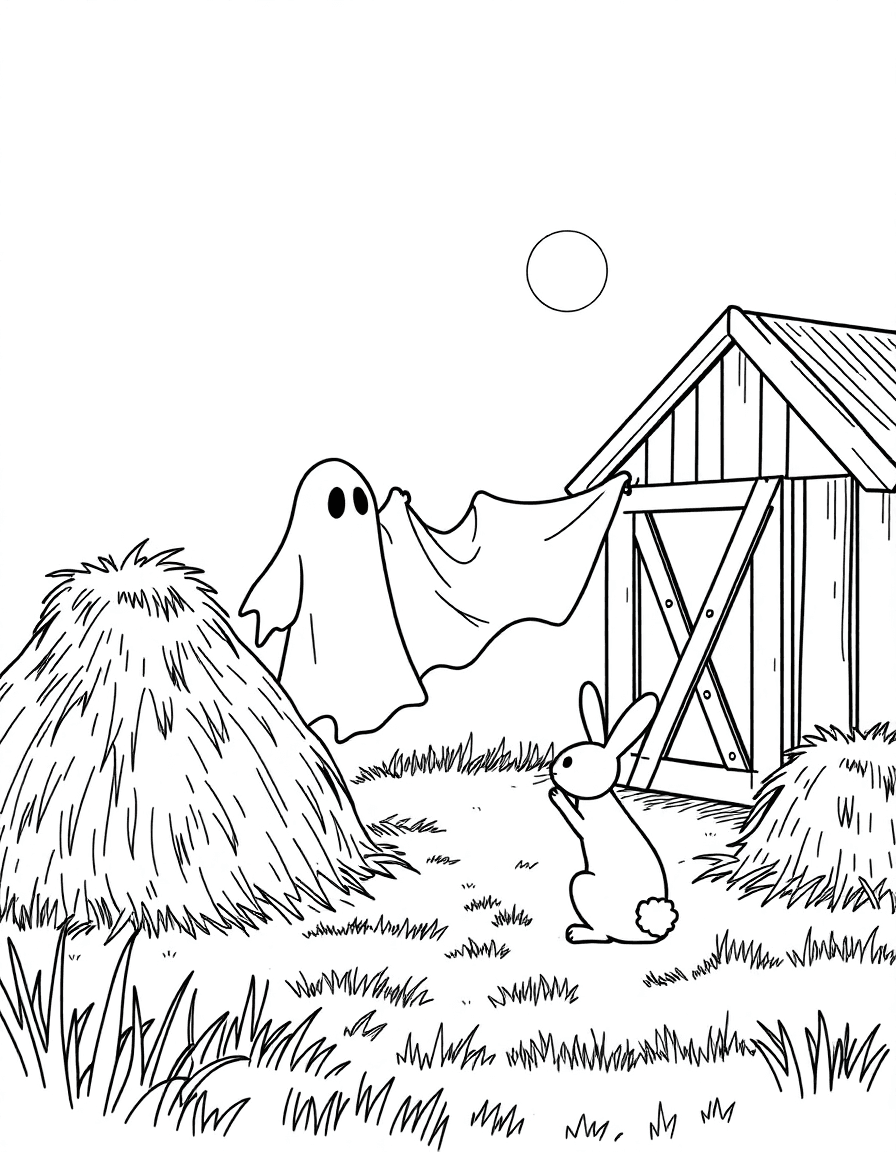 A farm’s haystacks where a ghost tosses a bedsheet to spook a rabbit under moonlight by the barn door.