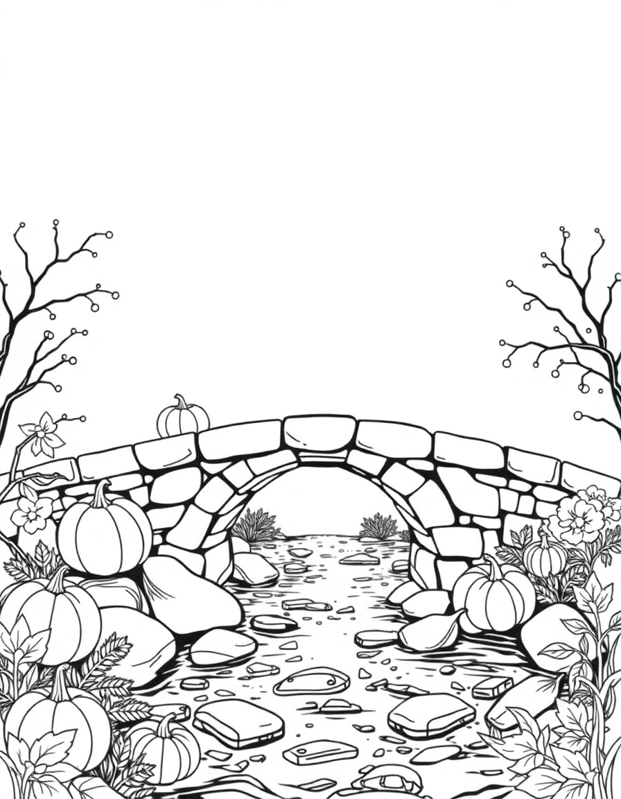 A stone bridge flanked by engraved pumpkins, a brook murmuring below and fireflies drifting.