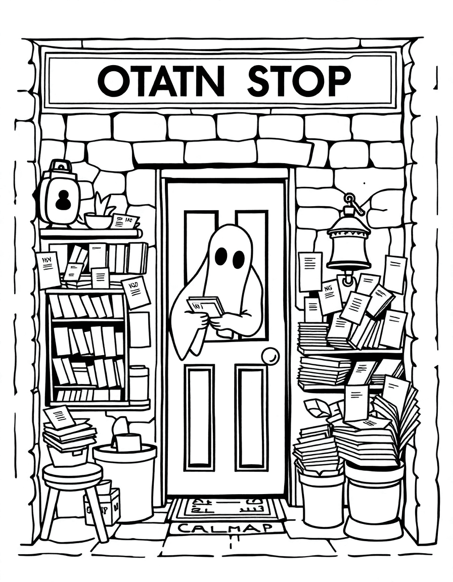 An old stamp shop where a ghost sorts yellowed postcards as the door chime tinkles.