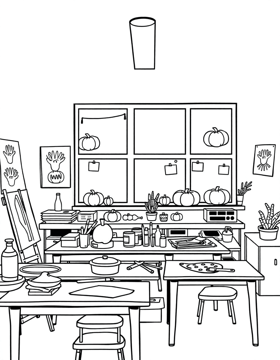 A school art room with stencils and knives on tables and pumpkin cutouts taped to the windows.