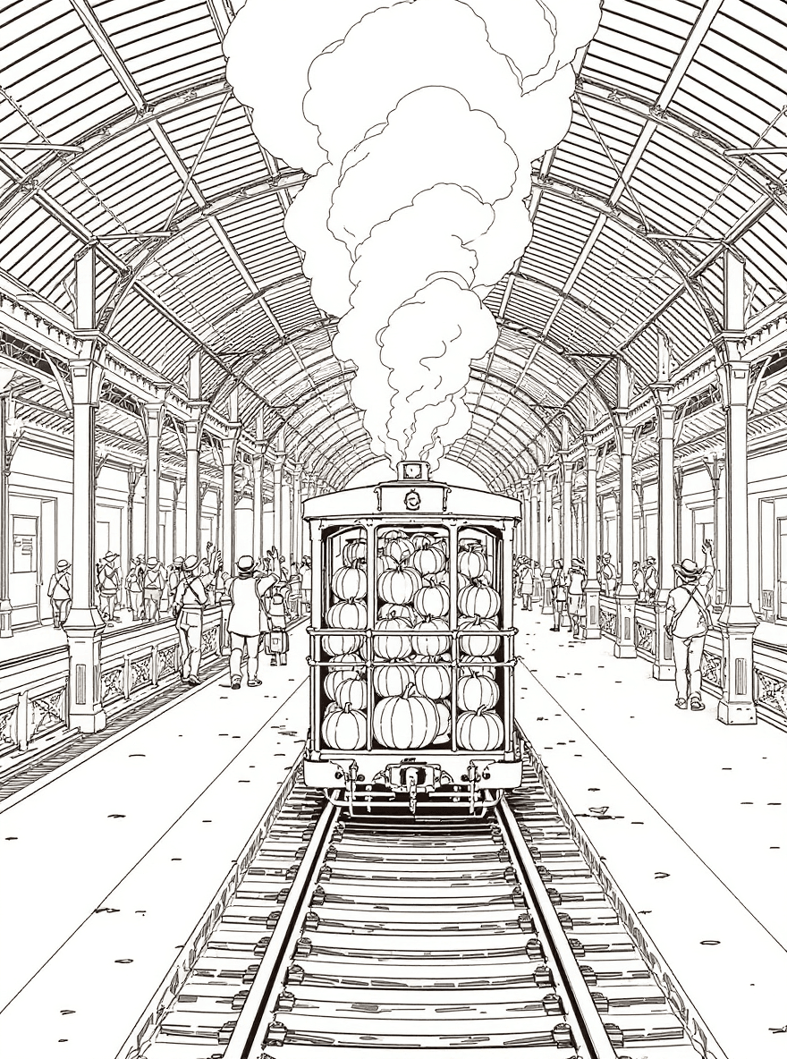 A train station platform where a luggage trolley is loaded with pumpkins and steam billows as travelers wave.