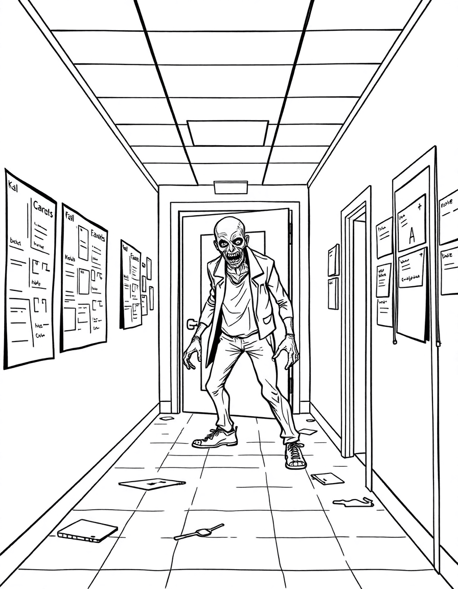 A hospital corridor strewn with charts where a zombie pushes open a half-closed ward door and lights flicker.