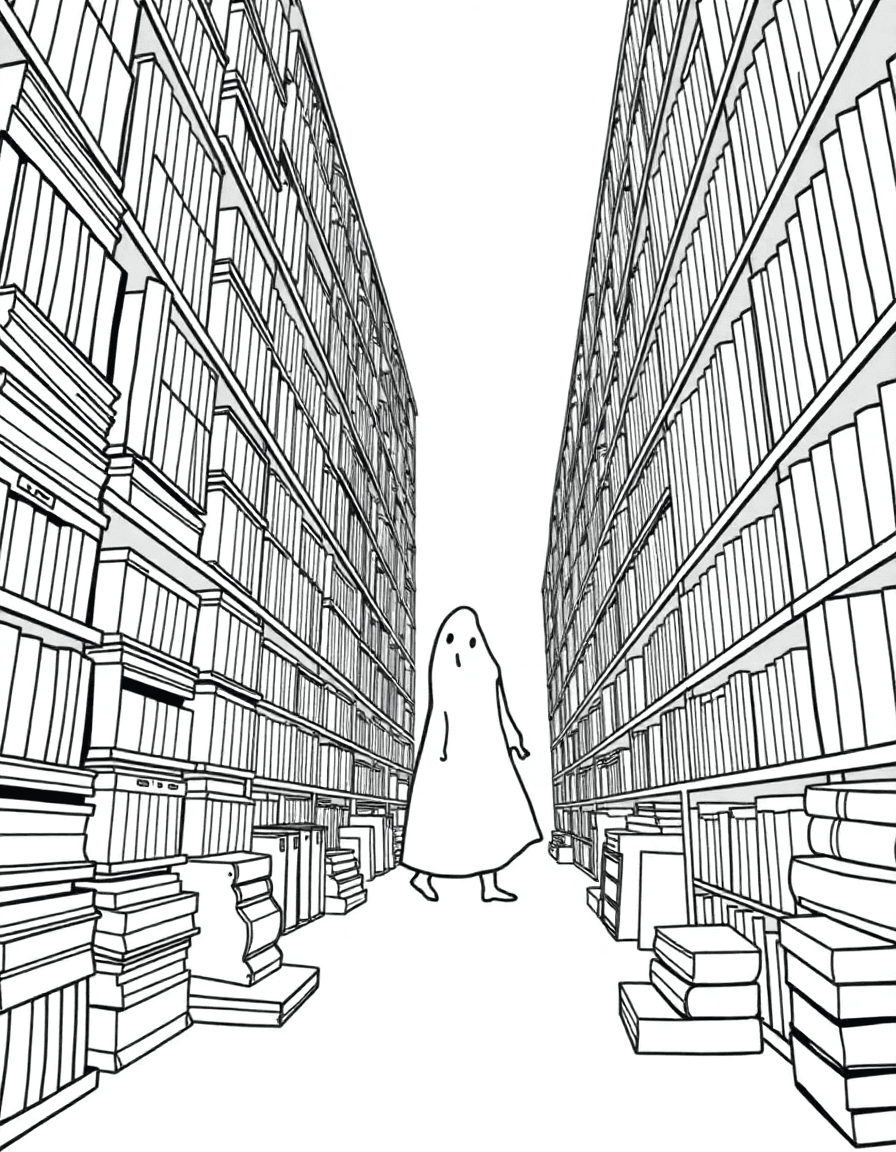 Between tall library stacks where a gust flips many books to the same page as a ghost passes.