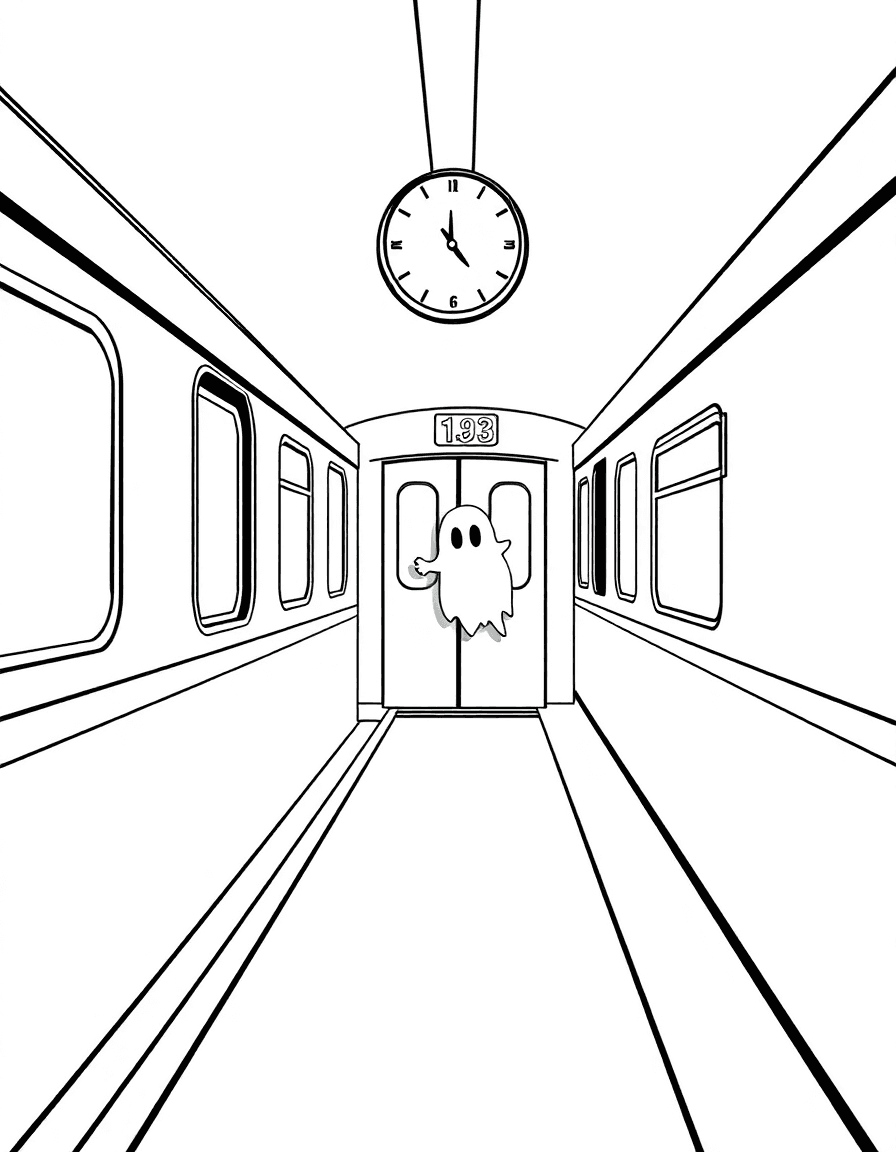 The last subway train as doors begin to close and a ghost peeks from the car while the platform clock points to midnight.
