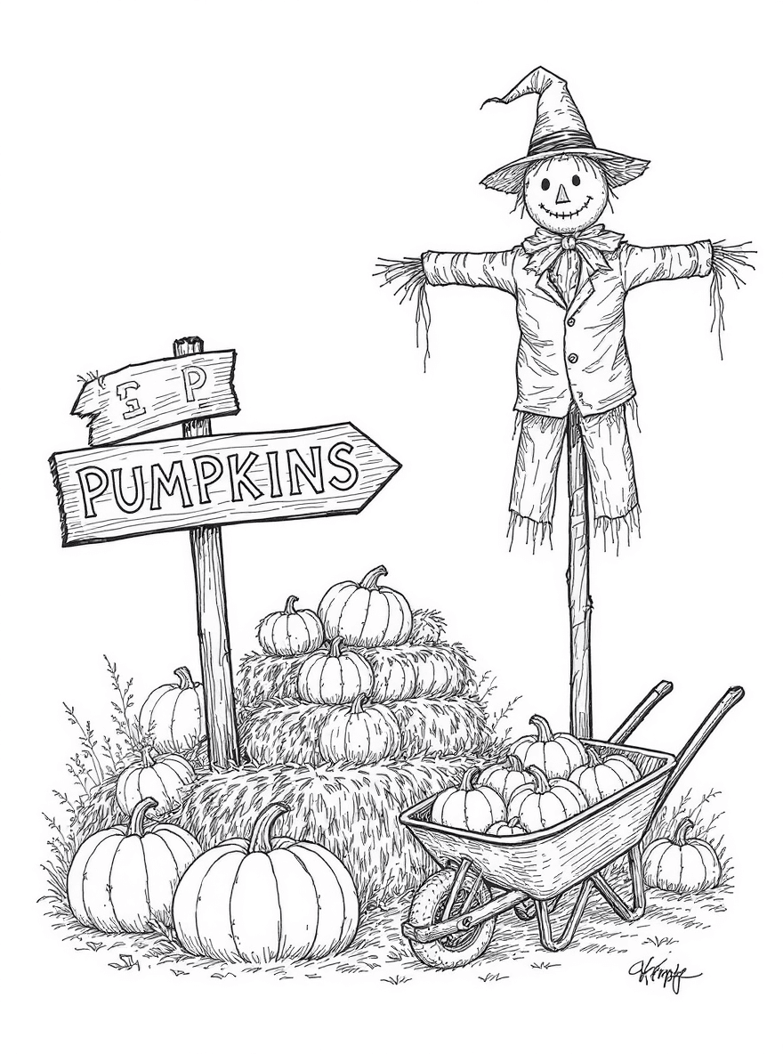 Pumpkin patch with scarecrow, wooden sign, stacked hay bales, and a wheelbarrow of gourds