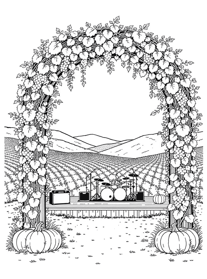 A valley vineyard harvest festival with a pumpkin arch beneath trellises and a band performing.