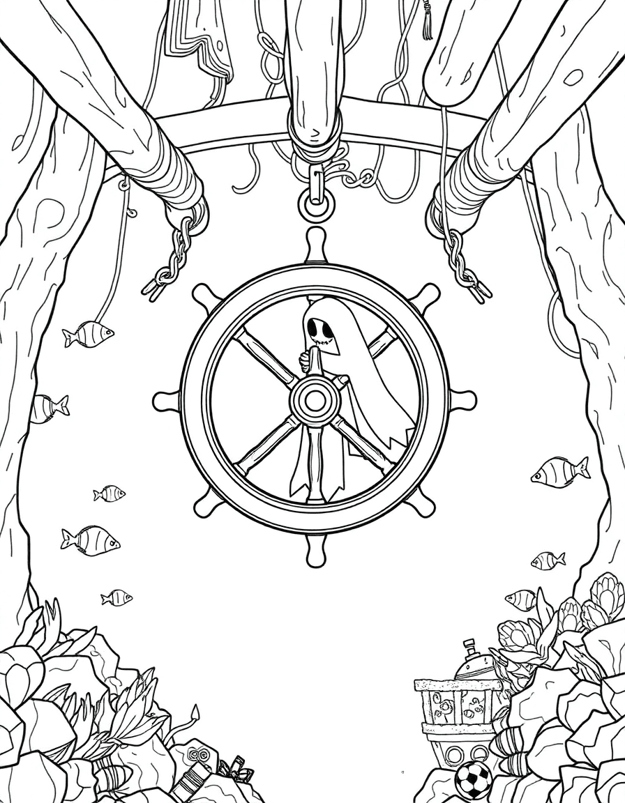 The helm of a sunken ship where a ghost drifts by the wheel as fish schools thread through beams.