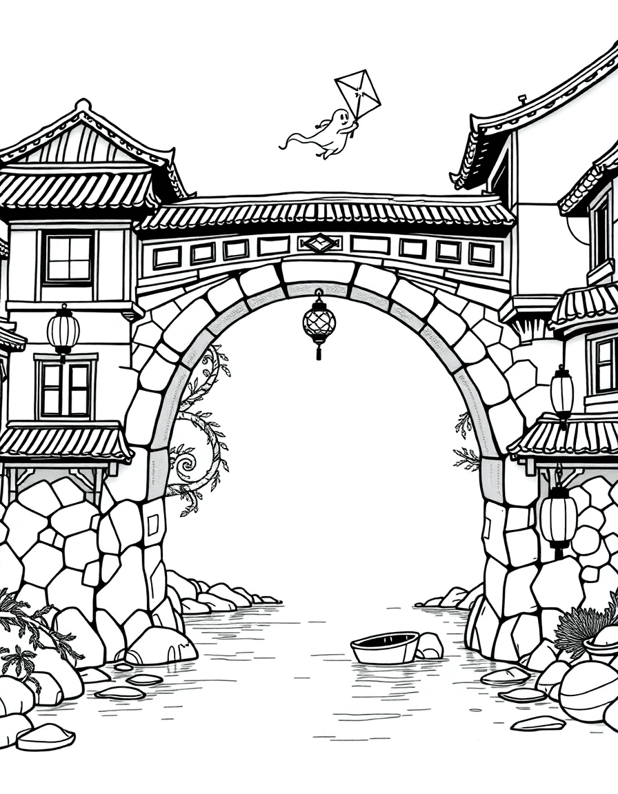 An old town arch bridge where a ghost flies a kite above the river and lanterns reflect in the water.