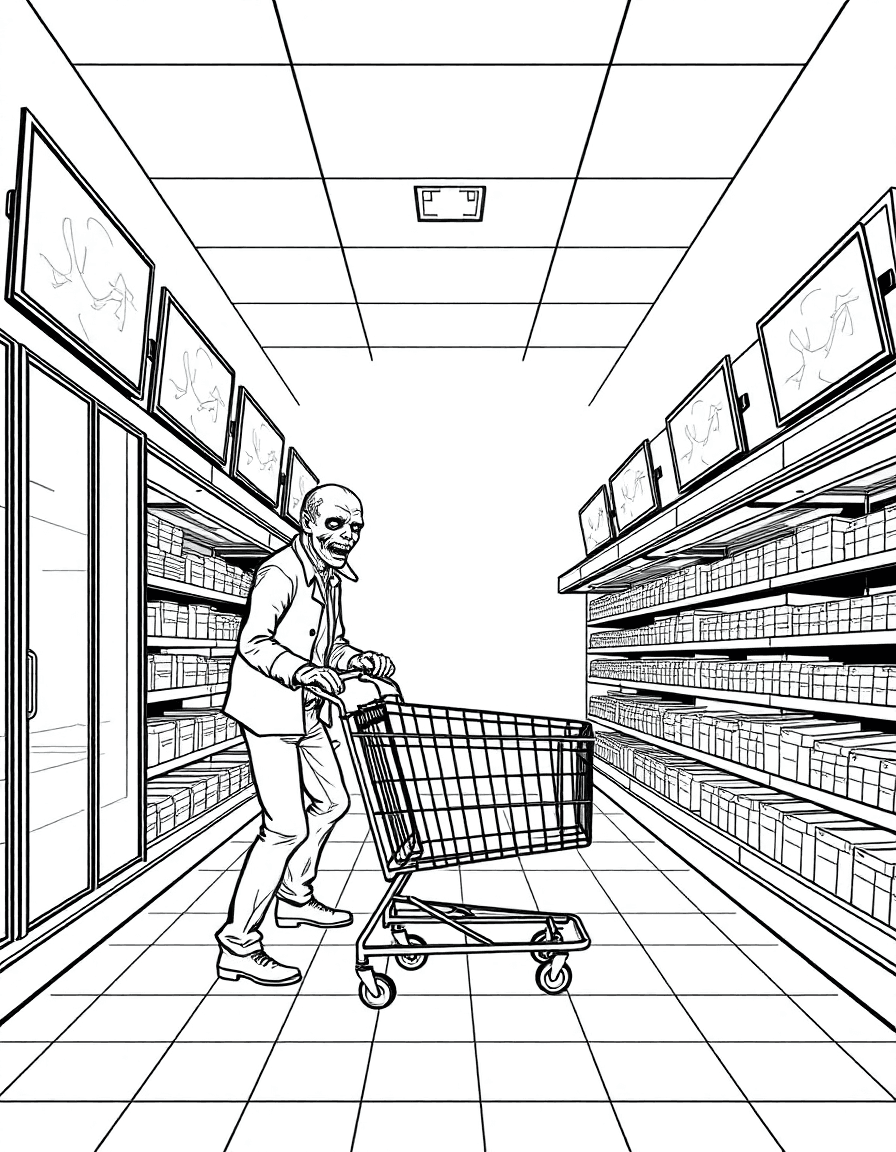 An almost empty supermarket where a zombie rolls an empty cart past the checkouts while ad screens still play.