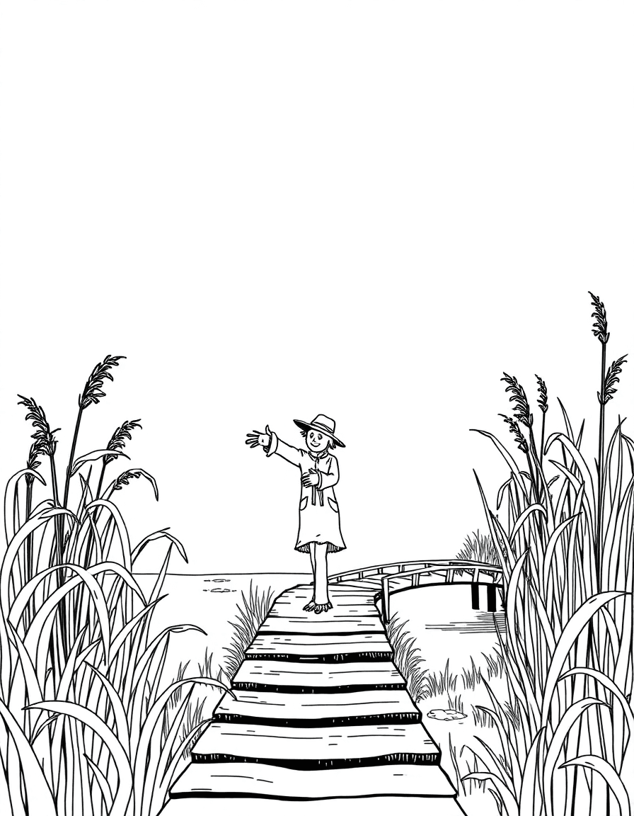 A scarecrow standing amid storm-bent reeds near a wooden footbridge as lightning flashes.