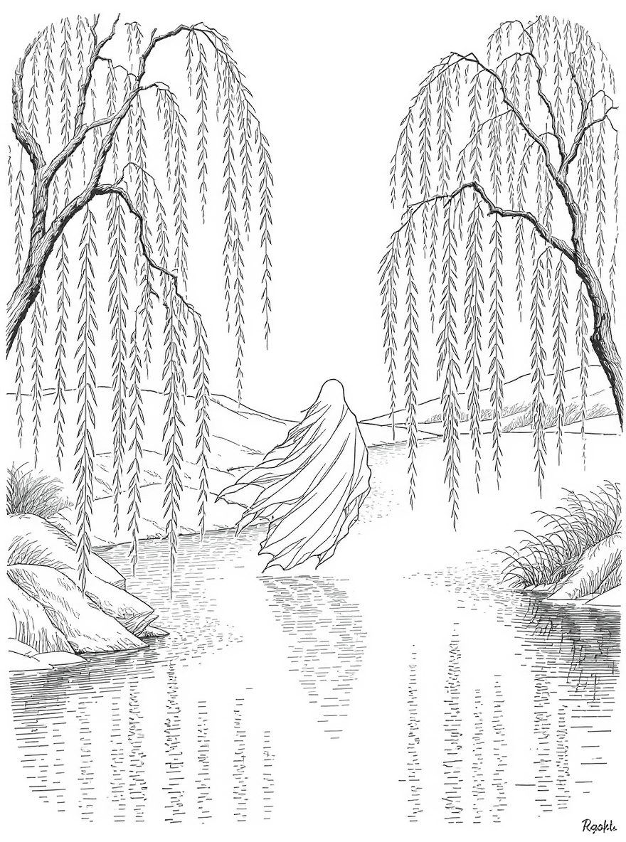 A riverside under weeping willows where a ghost stirs the branches and ripples spread on the water.