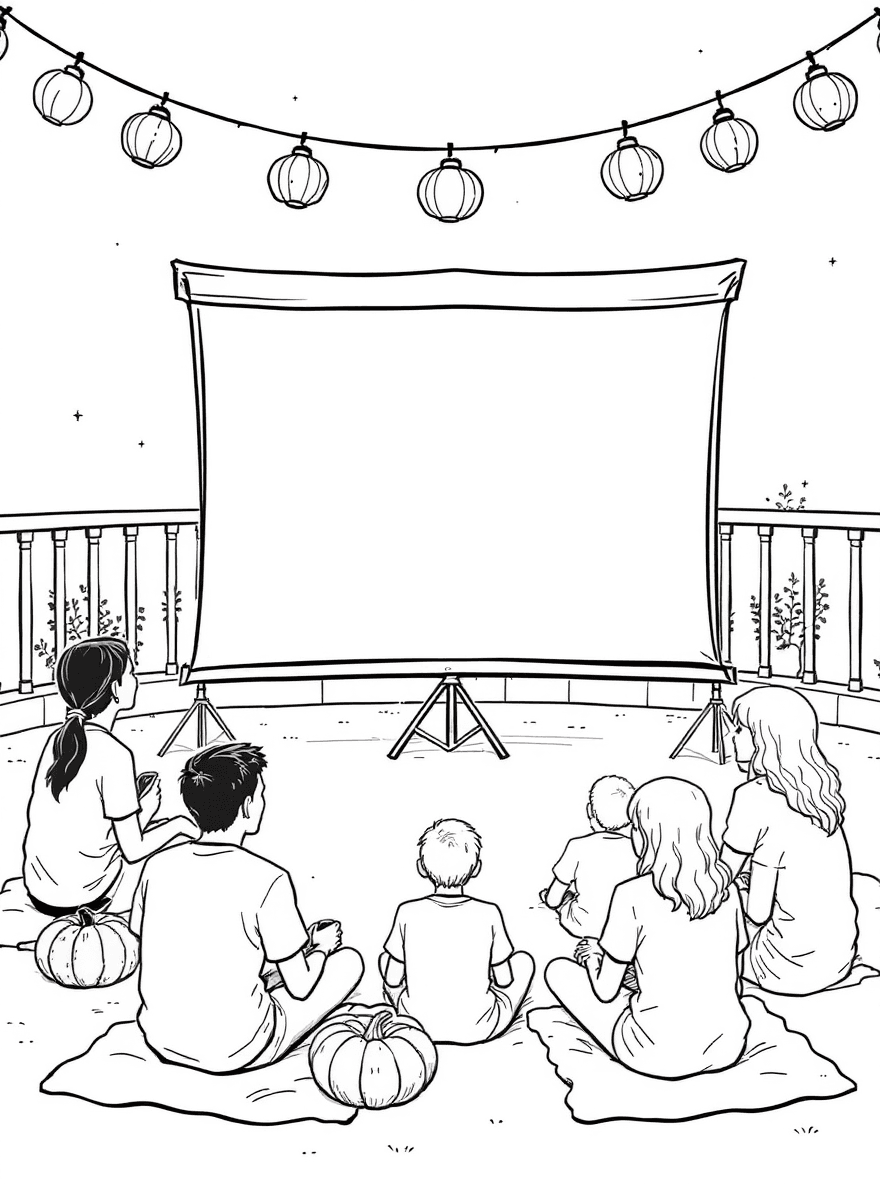 A rooftop movie night framed by a string of pumpkin lanterns while people sit on blankets.