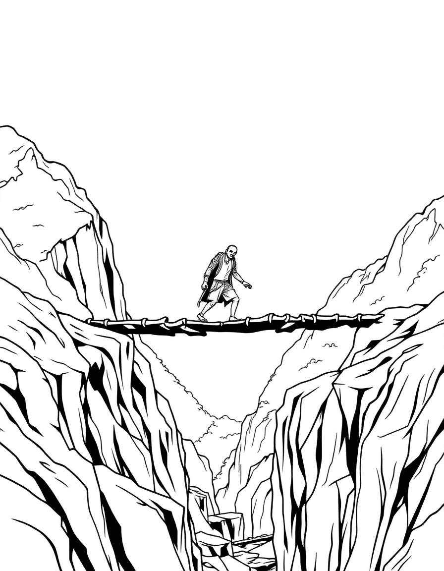 A broken mountain footbridge where a zombie attempts to cross as mist fills the gorge.