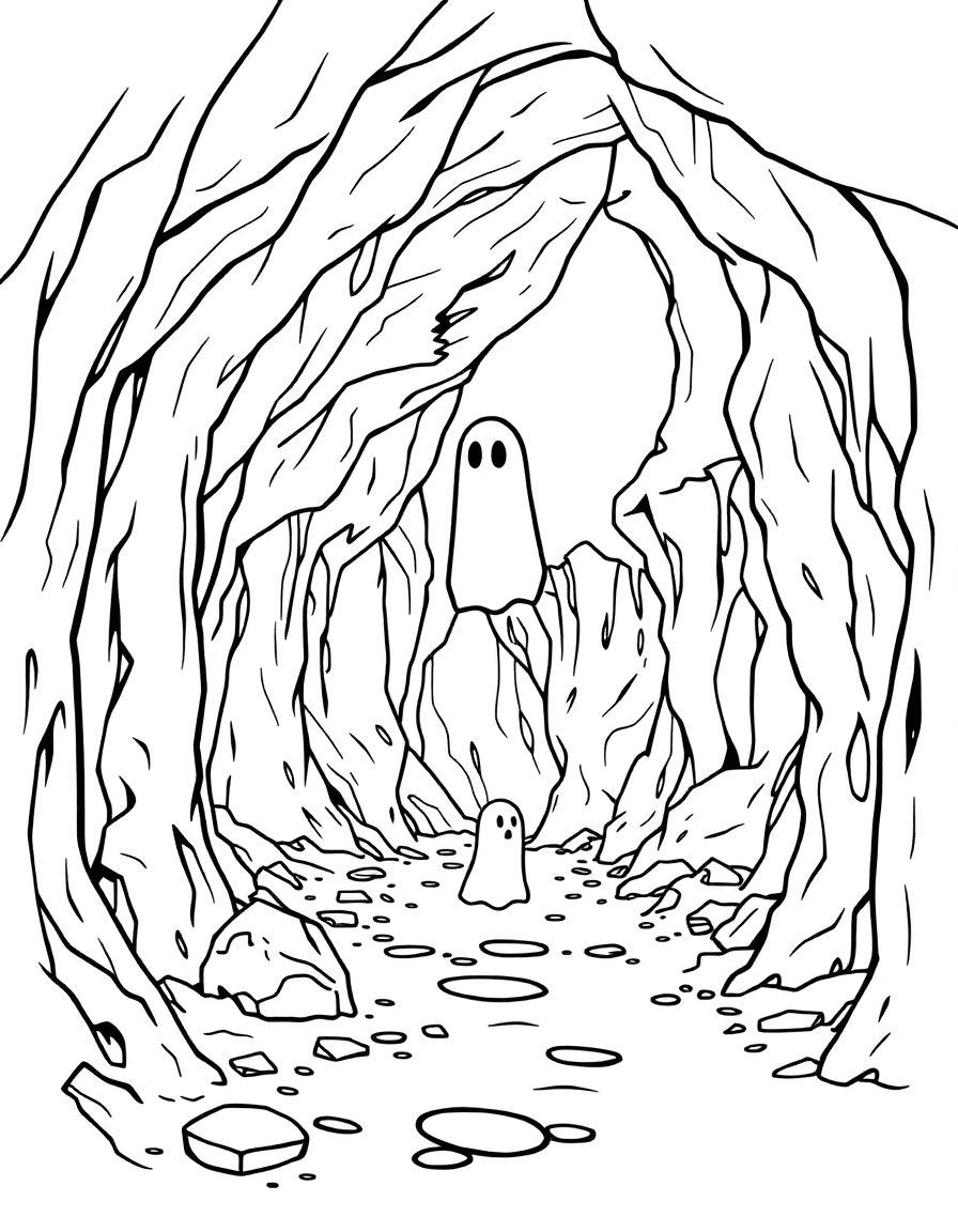 Deep inside a cave where a ghost illuminates ancient rock art and drips echo.